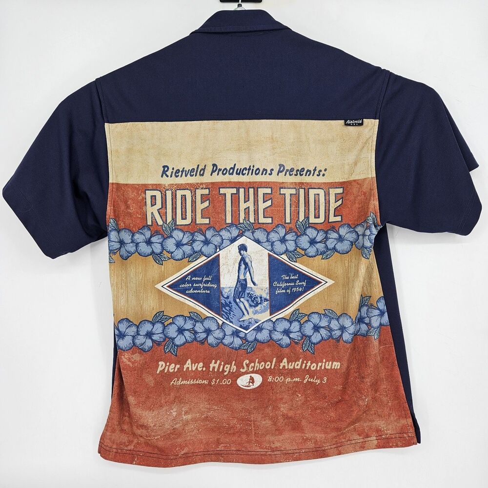 Vintage Rietveld Shirt Mens Medium Blue USA Ride The Tide Lightweight‎ Button Up